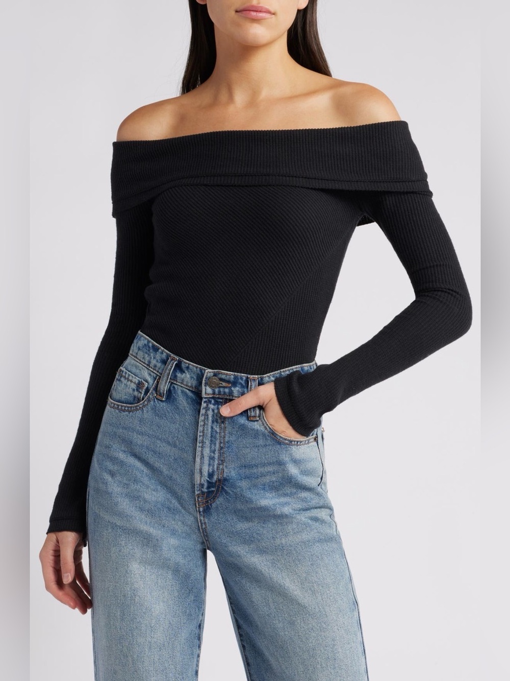 Free People Autumn Cozy Off the Shoulder Waffle Stitch Bodysuit